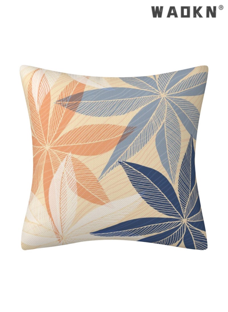 4 Pcs Blue & Orange Linen Square Cushion Covers - 18x18 Inches, Handcrafted with Abstract Plant Artistry, Elegant Pillowcases Perfect for Accentuating Living Room Sofas, Beds, and Adding a Pop of Color to Your Decor