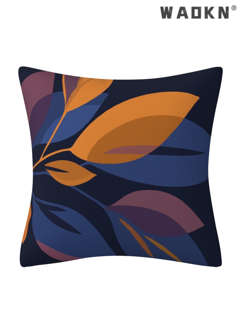 4 Pcs Blue & Orange Linen Square Cushion Covers - 18x18 Inches, Handcrafted with Abstract Plant Artistry, Elegant Pillowcases Perfect for Accentuating Living Room Sofas, Beds, and Adding a Pop of Color to Your Decor