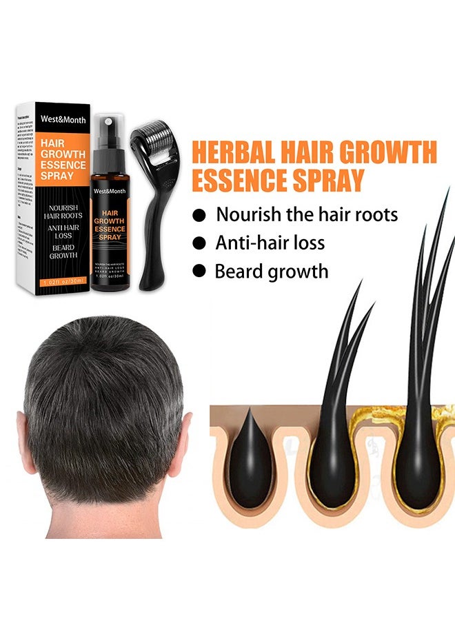 Hair Growth Essence Spray - Anti-Slip Hair Nourishing Growth Liquid Thickening Hairline Essence Spray With Microne Roller 30ml