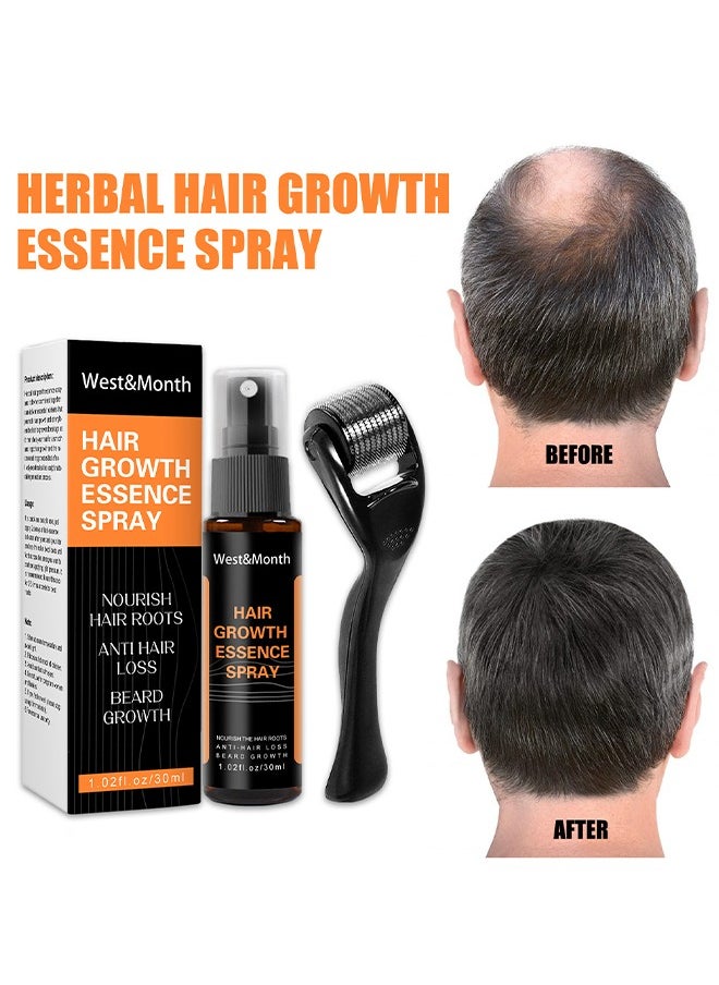 Hair Growth Essence Spray - Anti-Slip Hair Nourishing Growth Liquid Thickening Hairline Essence Spray With Microne Roller 30ml