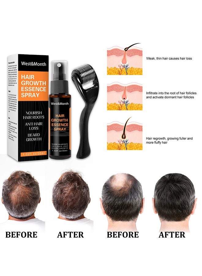 Hair Growth Essence Spray - Anti-Slip Hair Nourishing Growth Liquid Thickening Hairline Essence Spray With Microne Roller 30ml