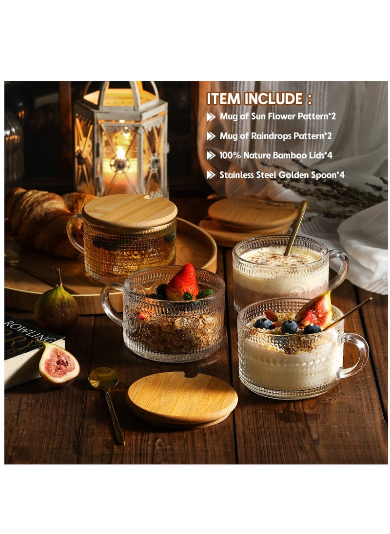 4-Piece Vintage Coffee Mug Set, Overnight Oat Container with Bamboo Lid and Spoon, 14 oz Clear Embossed Glass