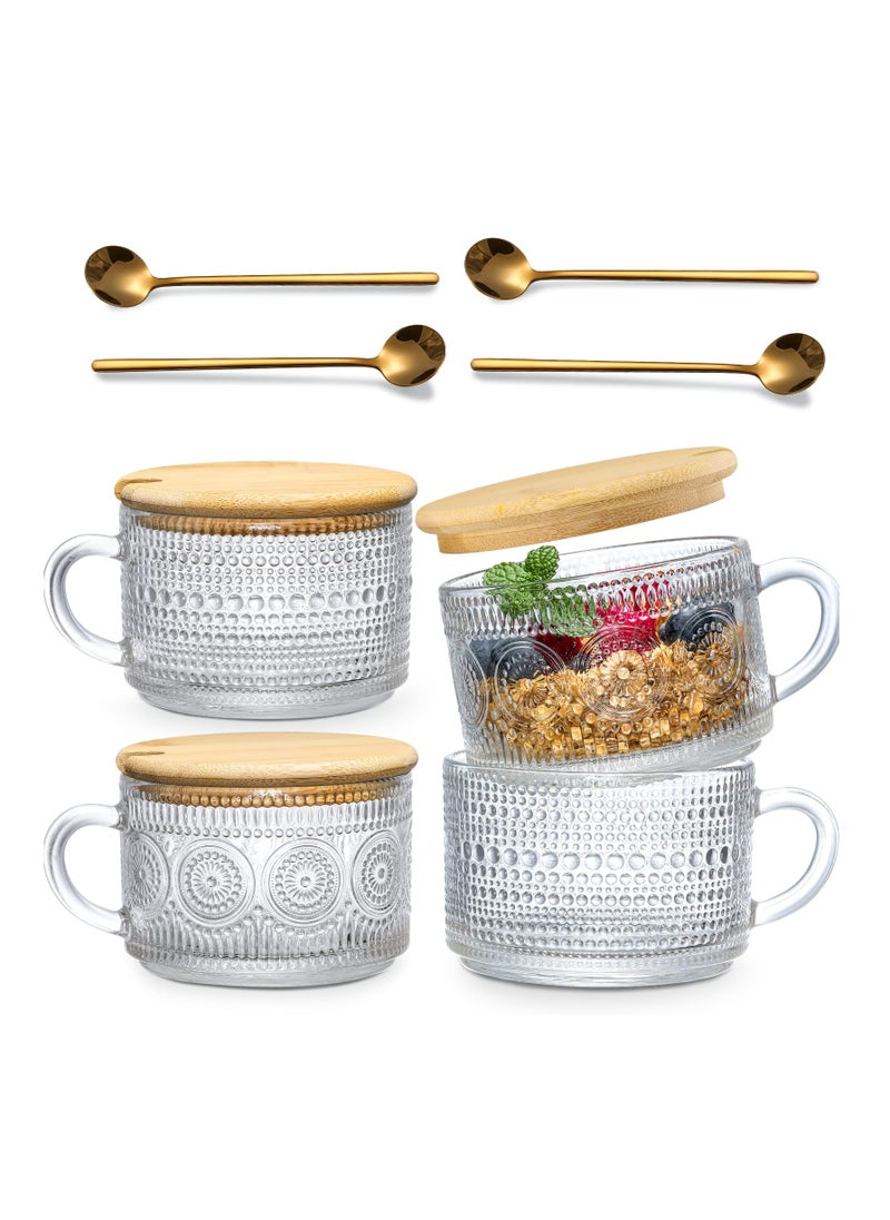 4-Piece Vintage Coffee Mug Set, Overnight Oat Container with Bamboo Lid and Spoon, 14 oz Clear Embossed Glass