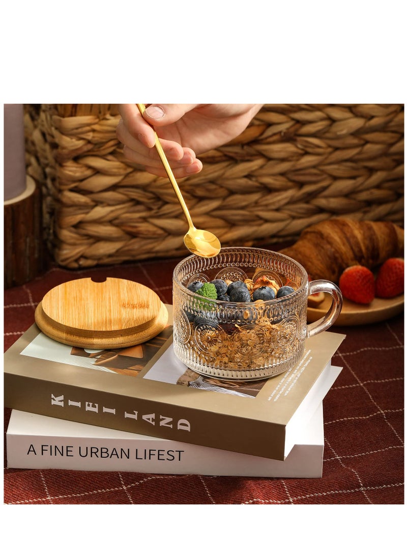 4-Piece Vintage Coffee Mug Set, Overnight Oat Container with Bamboo Lid and Spoon, 14 oz Clear Embossed Glass