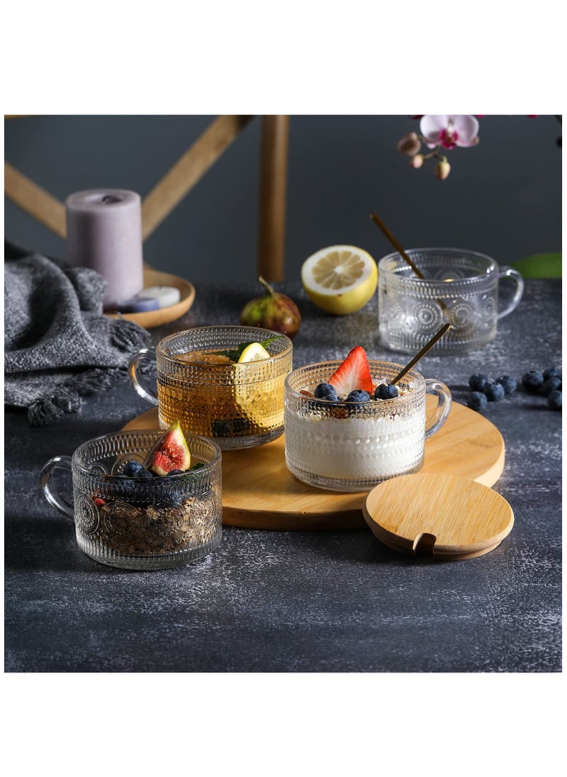 4-Piece Vintage Coffee Mug Set, Overnight Oat Container with Bamboo Lid and Spoon, 14 oz Clear Embossed Glass