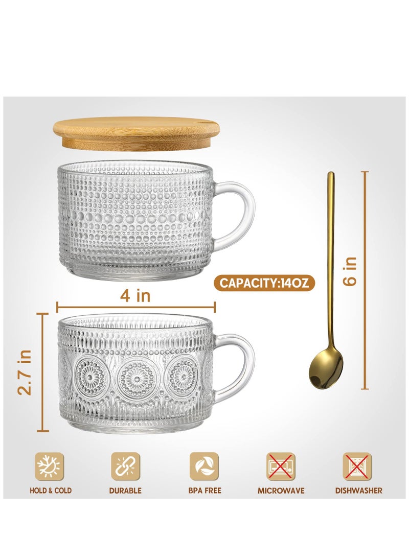 4-Piece Vintage Coffee Mug Set, Overnight Oat Container with Bamboo Lid and Spoon, 14 oz Clear Embossed Glass