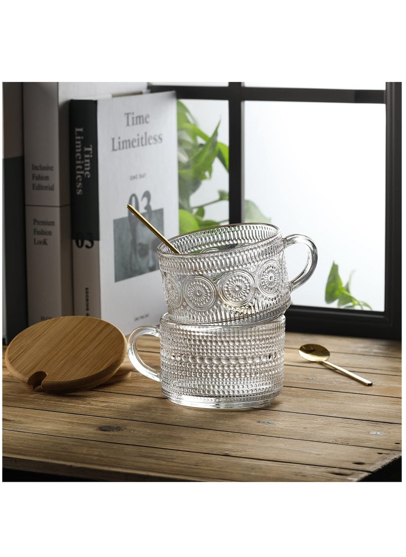 4-Piece Vintage Coffee Mug Set, Overnight Oat Container with Bamboo Lid and Spoon, 14 oz Clear Embossed Glass