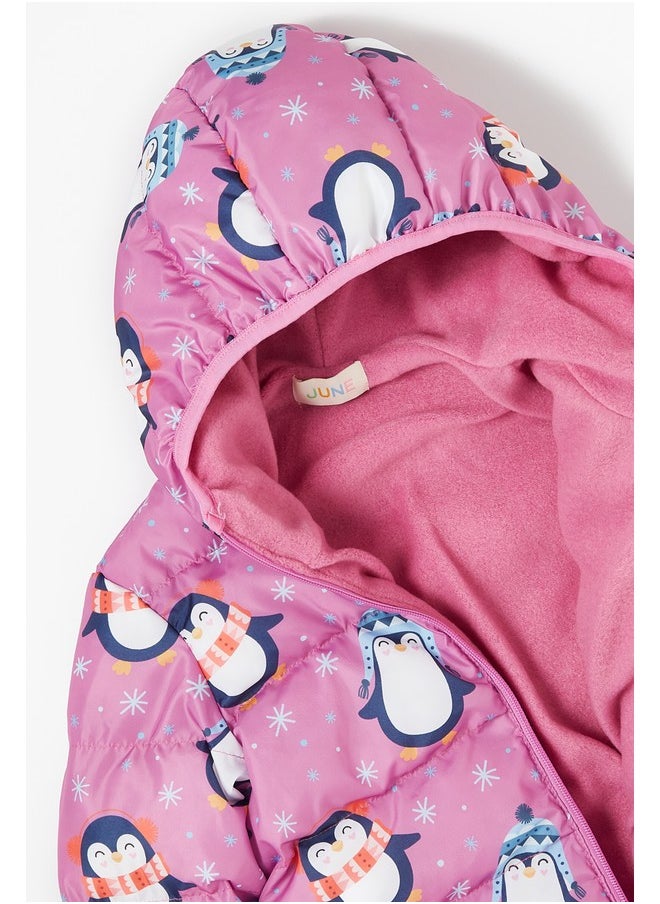 June Penguin Patterned Fleece Inner Girl's Coat Pink