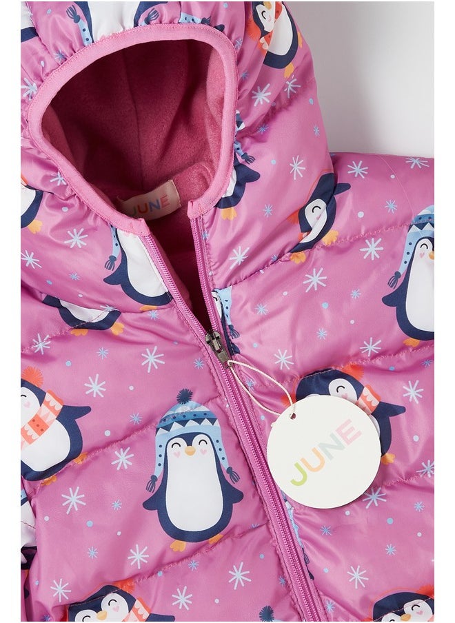 June Penguin Patterned Fleece Inner Girl's Coat Pink