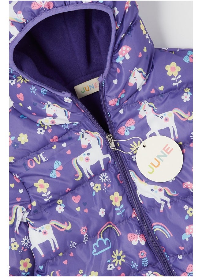 June Unicorn Butterfly Patterned Fleece Inside Girls' Coat Purple