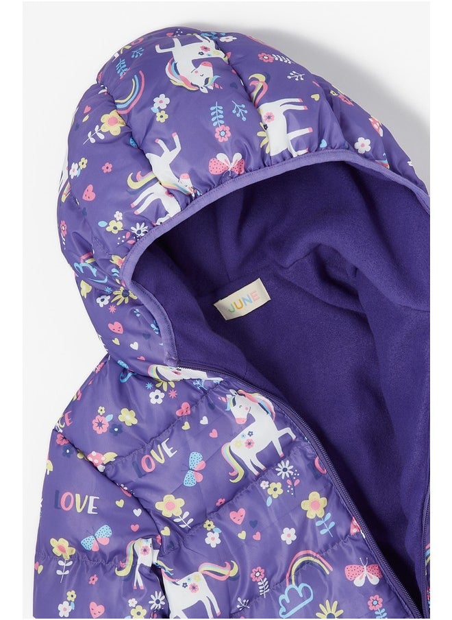 June Unicorn Butterfly Patterned Fleece Inside Girls' Coat Purple