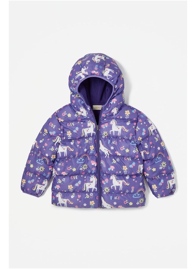 June Unicorn Butterfly Patterned Fleece Inside Girls' Coat Purple