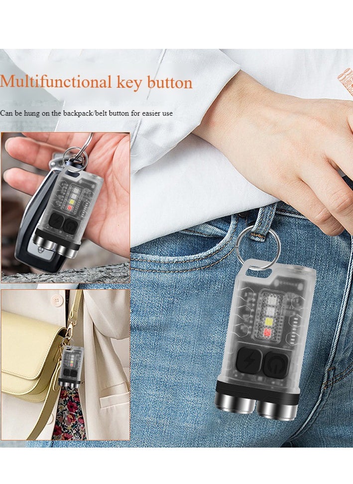 V30 LED Keychain EDC Fluorescence Flashlight Clip Warm Work Light Type-C Rechargeable Torch Magnet Camping Pocket Lantern