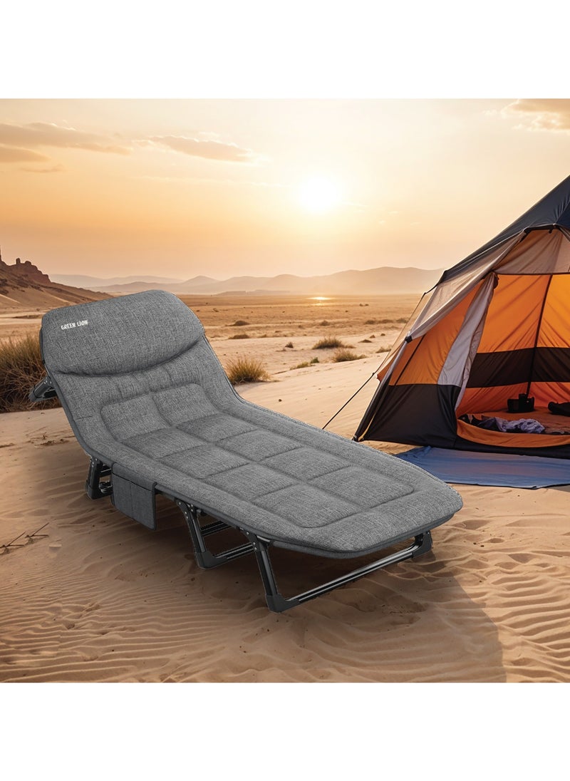 Foldable Camping Bed with Comfortable Pillow and Storage Pockets / High-Quality Material / Adjustable Backrest / 150 kg Load / Easy to Carry / Outdoor / Travel - Grey