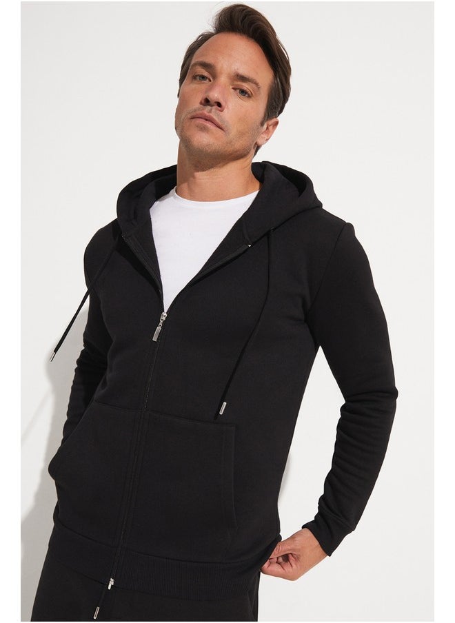 June Men Zippered Pocket Drawstring Sweatshirt Black