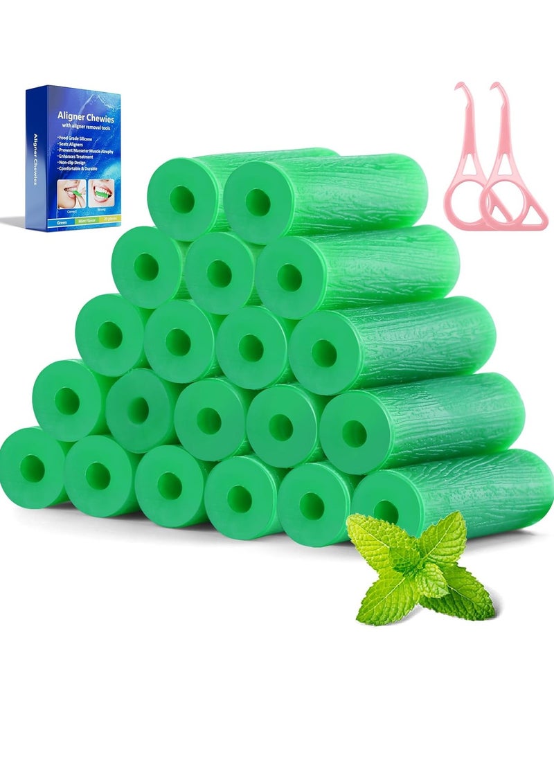 Aligner Chewies for Invisalign Aligners - Mint Scented and Aligner Removal Tools (Green Chewies 20Pcs + Remover Tools 2Pcs)