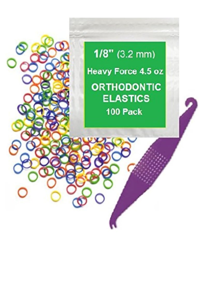 1/8 Inch Orthodontic Elastic Rubber Bands - 100 Pack, Neon, Heavy Force 4.5 oz - Dental Rubber Bands, Teeth Rubber Bands Gap Fixer, Dreadlock Rubber Bands, 1 Elastic Placer for Braces Included