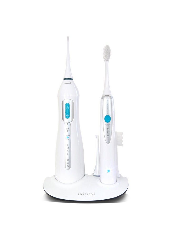 Poseidon Irrigator And Toothbrush Combo - Rechargeable Sonic Toothbrush And Oral Irrigator To Support Oral Health And Fight Bad Breath - Comes With Extra Tips For Multiple Users