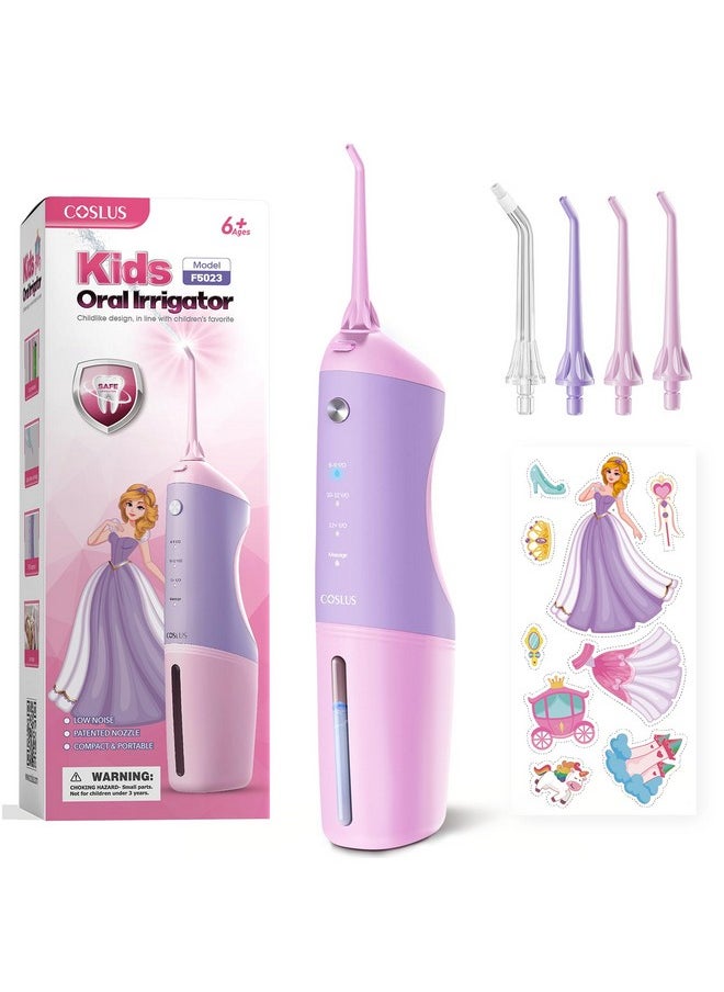 Kids Water Dental Flosser Deep Cleaning Picks, Portable, 4 Modes For Ages 6+ Safe Waterproof Newest Flosser Rechargeable With 4 Jet Tips For Gums Care F5023 Pink Purple