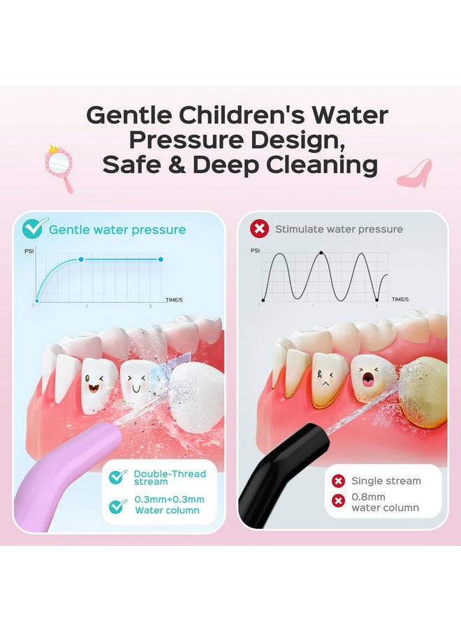 Kids Water Dental Flosser Deep Cleaning Picks, Portable, 4 Modes For Ages 6+ Safe Waterproof Newest Flosser Rechargeable With 4 Jet Tips For Gums Care F5023 Pink Purple