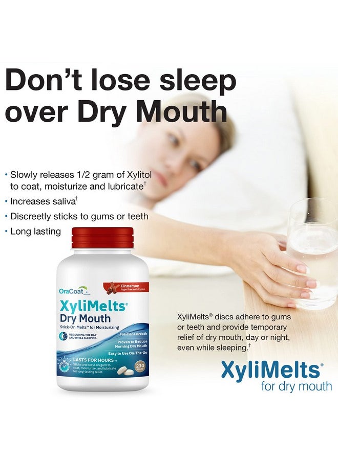 Xylimelts Dry Mouth Relief Oral Adhering Discs Cinnamon With Xylitol, For Dry Mouth, Stimulates Saliva, Non-Acidic, Day And Night Use, Time Release For Up To 8 Hours, 230 Count