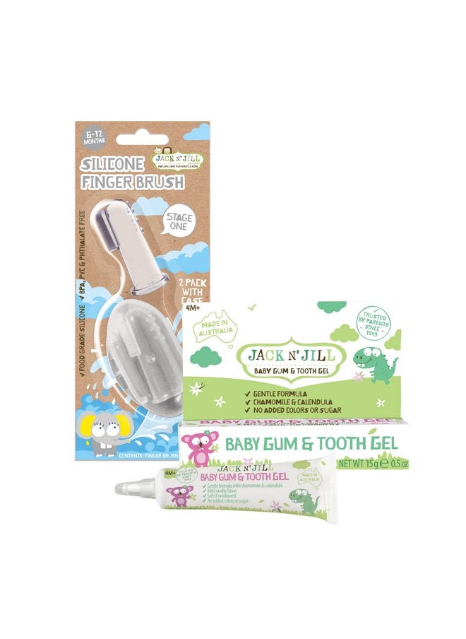 Natural Gum And Teething Relief Gel Plus Silicone Finger Toothbrush Bundle - Baby Toothbrush 6 To 12 Months And Baby Gum And Tooth Gel Bundle, Two Brushes Plus Case, 0.5 Fl Oz
