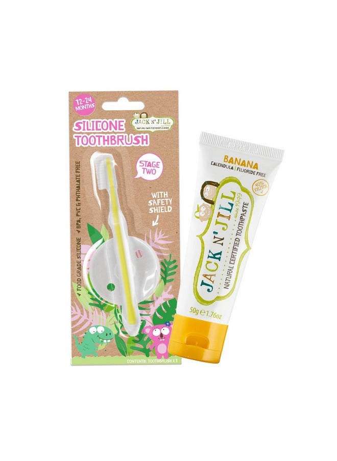 Toddler Silicone Toothbrush & Banana Toothpaste For Babies & Toddlers Bundle - Toddler Toothbrushes 1-2 Years Old, Infant Toothpaste, Safety Shield Included - 1.76 Fl Oz
