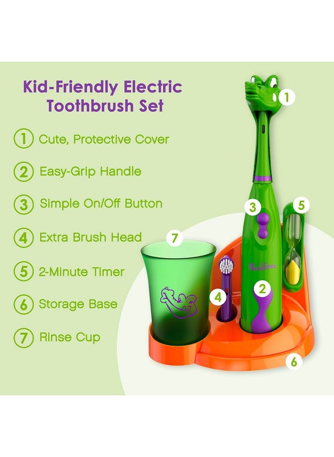 Kids’ Electric Toothbrush Set - Safe & Effective For Ages 3+ - Parent Tested & Approved With Gentle Bristles, 2 Brush Heads, Rinse Cup, 2-Minute Timer, & Storage Base (Snappy The Croc)