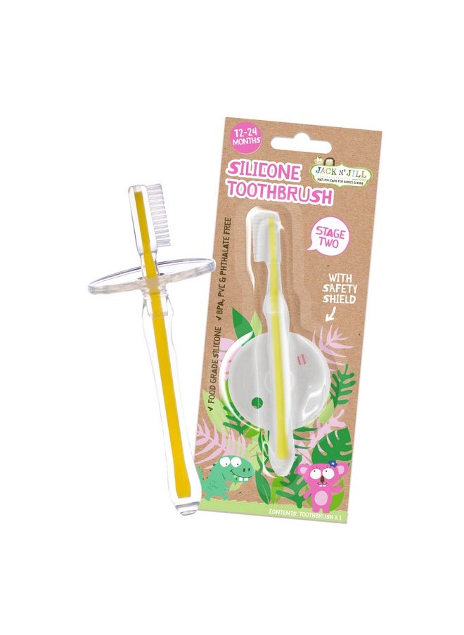 Stage 2 Silicone Toothbrush - Toddler Toothbrushes 1-2 Years Old, Gentle, Soft Silicone Bristles, Safety Shield Included - (Pack Of 1)
