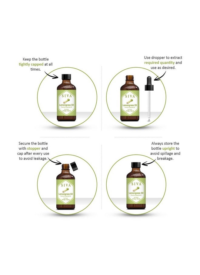 Siva Lemongrass Essential Oil - 4 Fl Oz - Natural Lemongrass Oil - For Diffuser, Face, Skin Care, Aromatherapy, Hair Care, Scalp And Body Massage - With Dropper