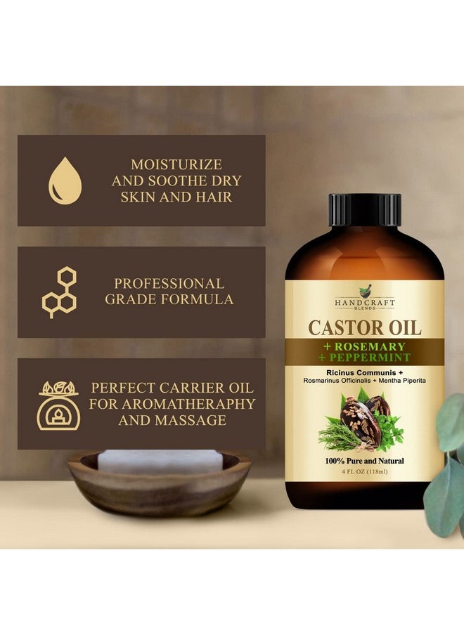 Castor Oil With Rosemary And Peppermint Oil In Glass Bottle - 4 Fl Oz - 100% Pure And Natural - Premium Grade Oil For Hair Growth, Eyelashes And Eyebrows - Carrier, Hair And Body Oil