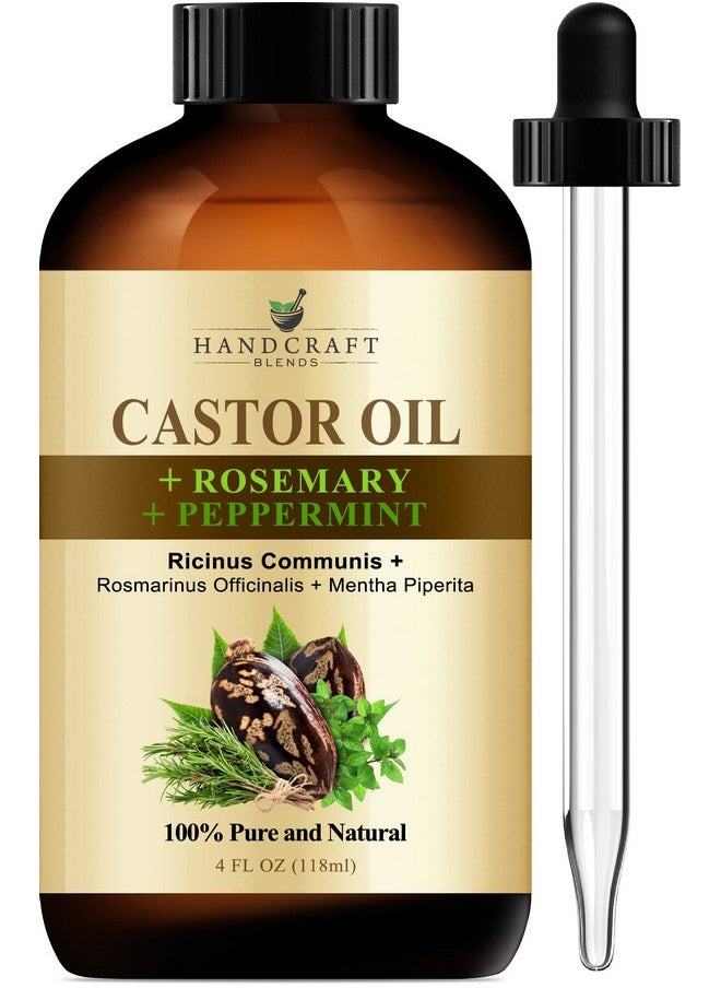 Castor Oil With Rosemary And Peppermint Oil In Glass Bottle - 4 Fl Oz - 100% Pure And Natural - Premium Grade Oil For Hair Growth, Eyelashes And Eyebrows - Carrier, Hair And Body Oil