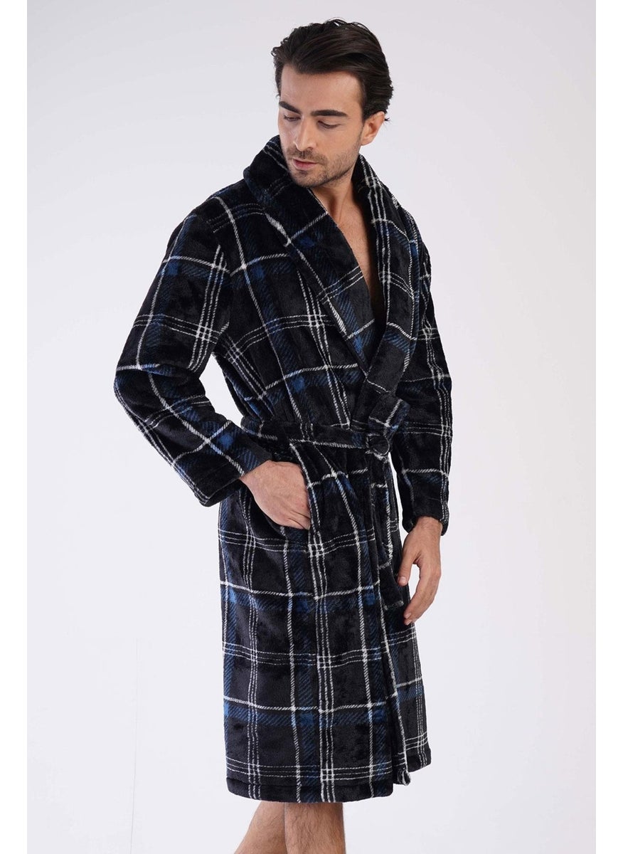 Men's Shawl Collar Welsoft Black Dressing Gown C3T1N0O087