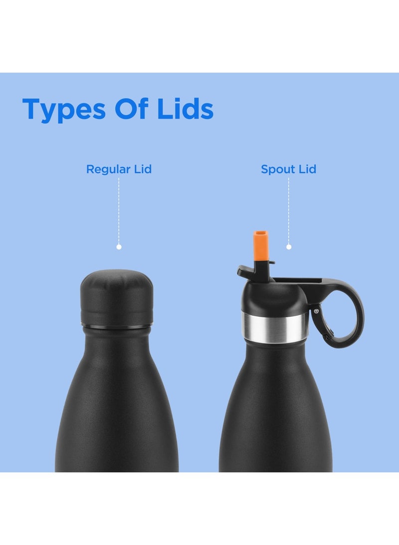 750ml Vacuum Insulated Water Bottle with Straw Lid - 2 lids included, Keeps Drinks Hot & Cold, 18/8 Stainless Steel, Double-Walled Flask with Inner Copper Coating - Sports, Gym - Larvik Black