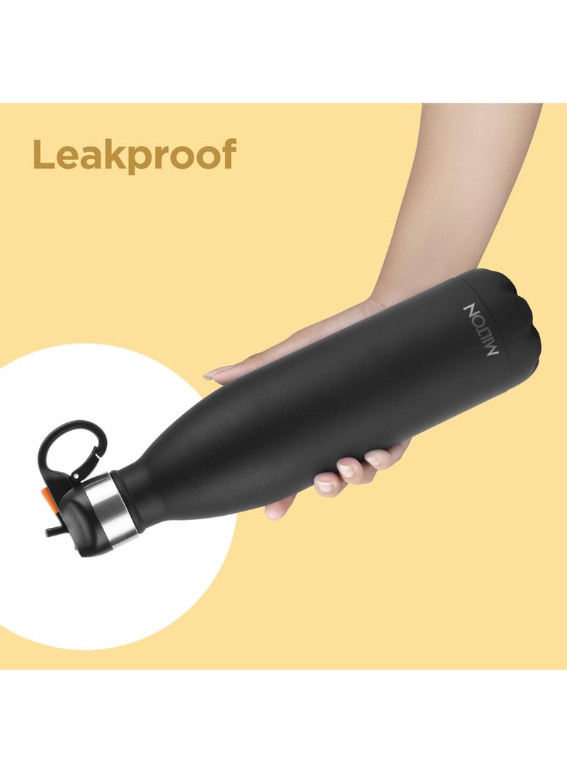 750ml Vacuum Insulated Water Bottle with Straw Lid - 2 lids included, Keeps Drinks Hot & Cold, 18/8 Stainless Steel, Double-Walled Flask with Inner Copper Coating - Sports, Gym - Larvik Black