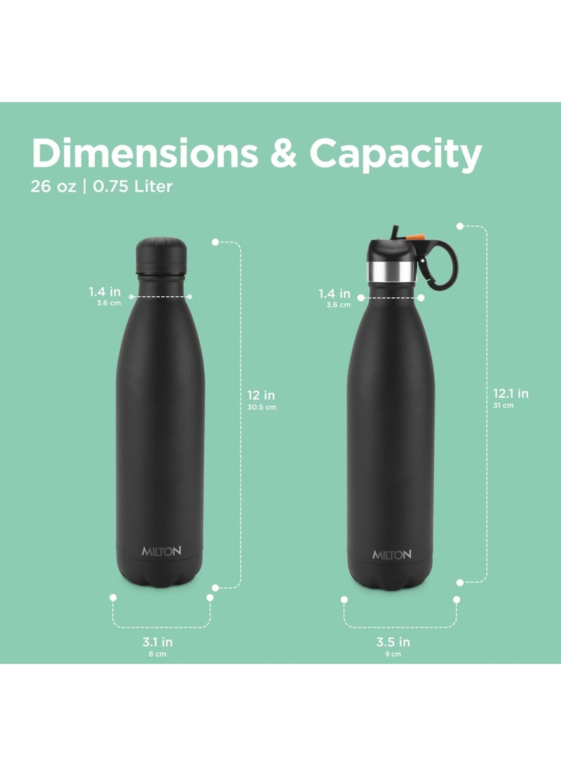 750ml Vacuum Insulated Water Bottle with Straw Lid - 2 lids included, Keeps Drinks Hot & Cold, 18/8 Stainless Steel, Double-Walled Flask with Inner Copper Coating - Sports, Gym - Larvik Black