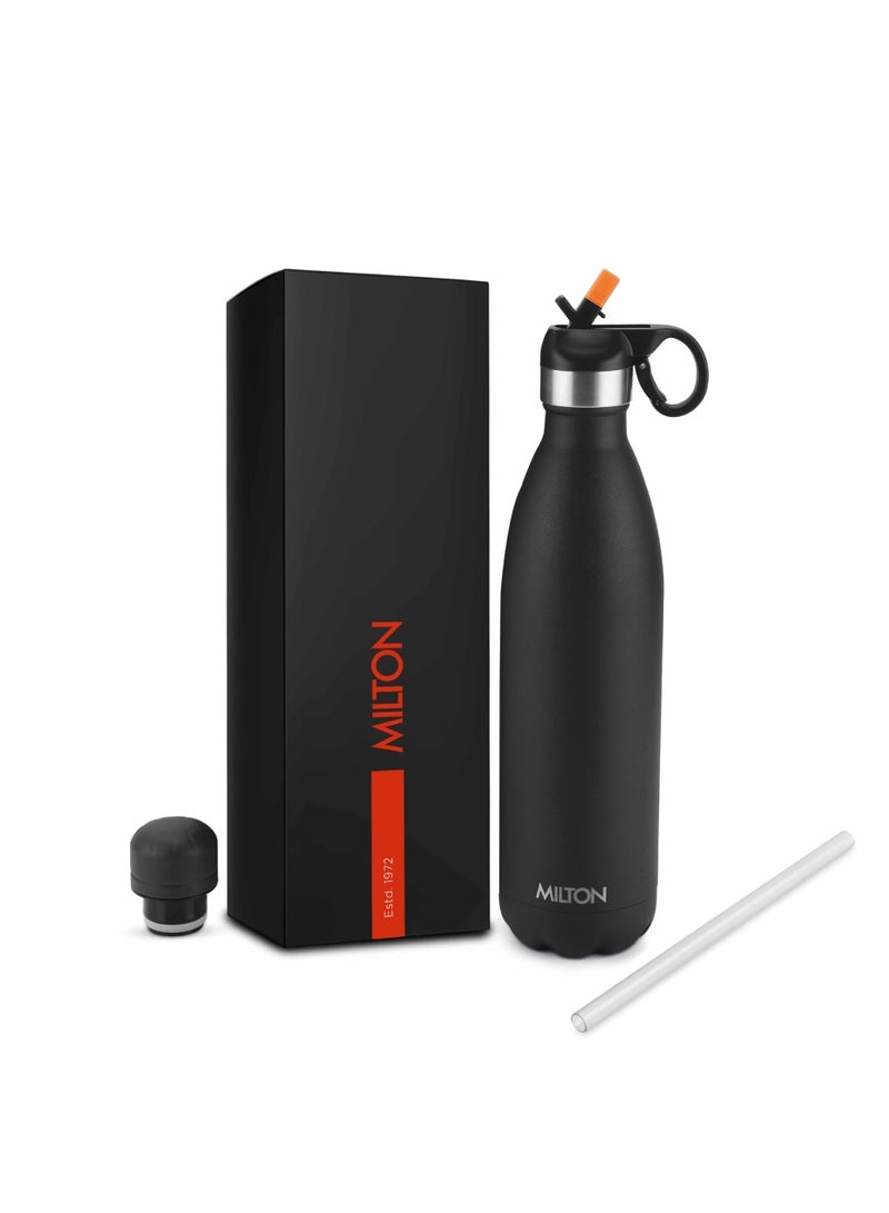 750ml Vacuum Insulated Water Bottle with Straw Lid - 2 lids included, Keeps Drinks Hot & Cold, 18/8 Stainless Steel, Double-Walled Flask with Inner Copper Coating - Sports, Gym - Larvik Black