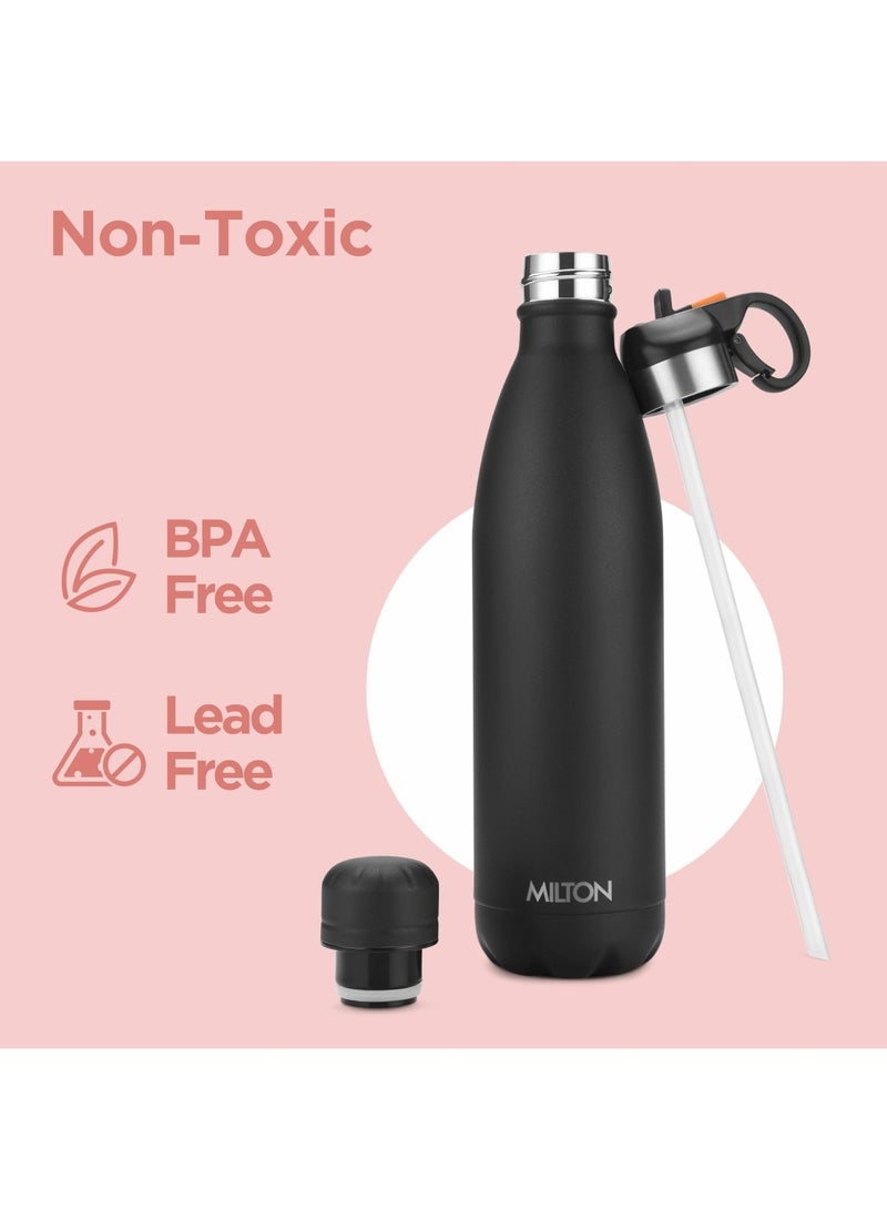 750ml Vacuum Insulated Water Bottle with Straw Lid - 2 lids included, Keeps Drinks Hot & Cold, 18/8 Stainless Steel, Double-Walled Flask with Inner Copper Coating - Sports, Gym - Larvik Black