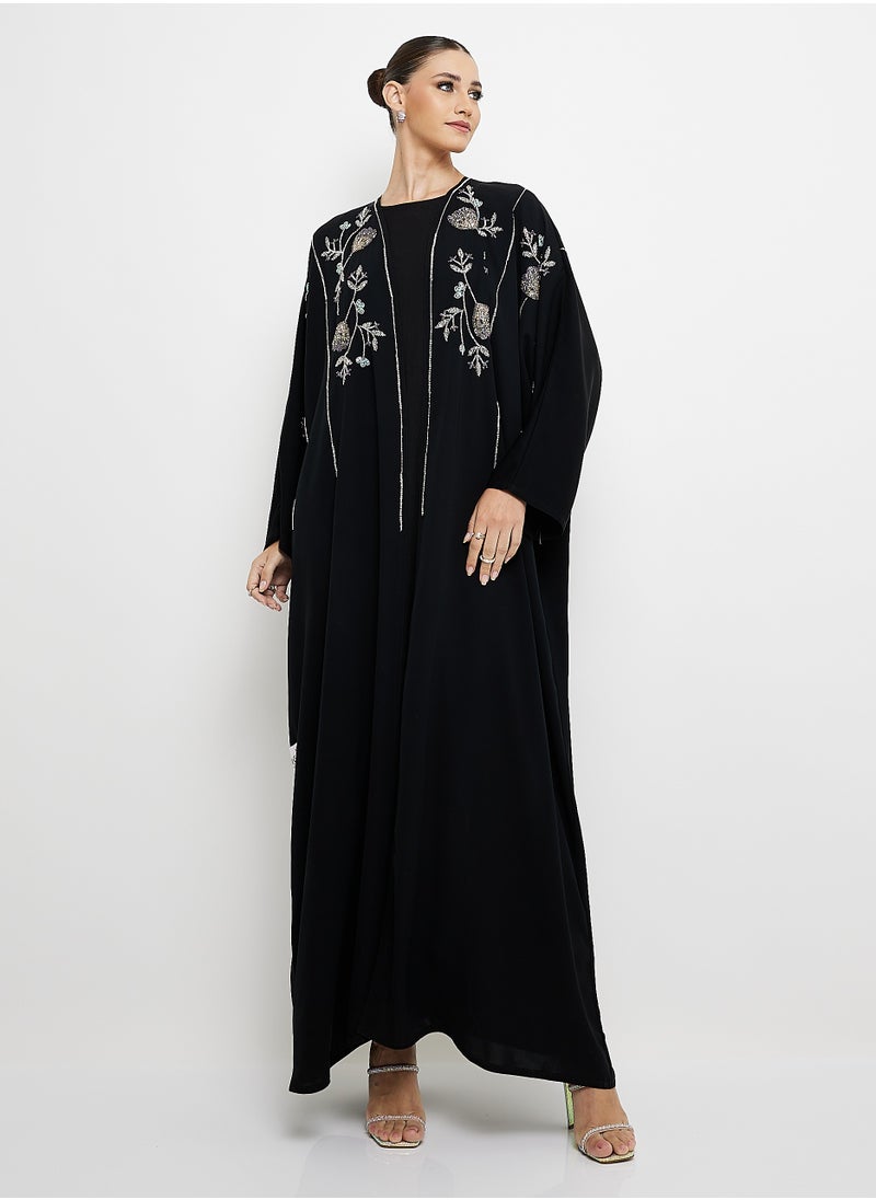 Black Abaya with Hand Embroidery Design + Shella