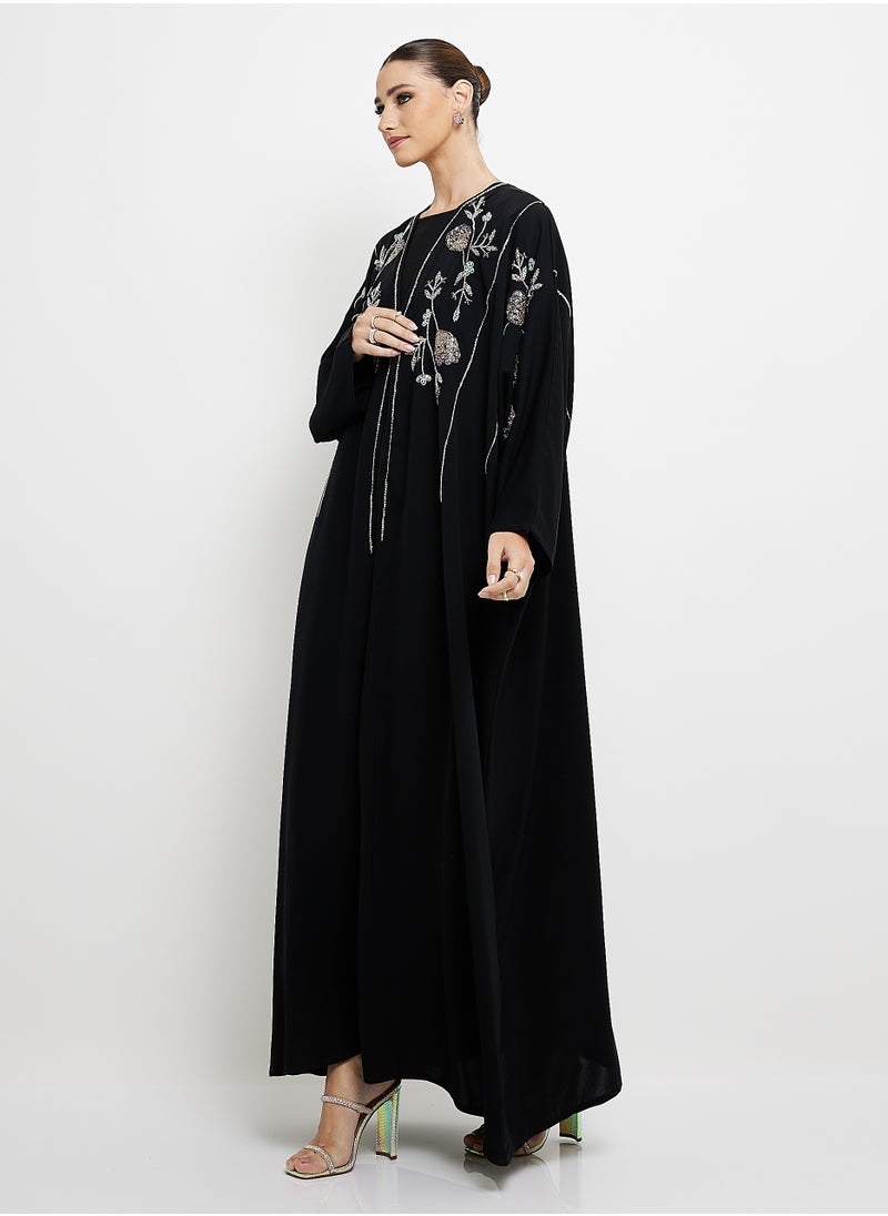 Black Abaya with Hand Embroidery Design + Shella