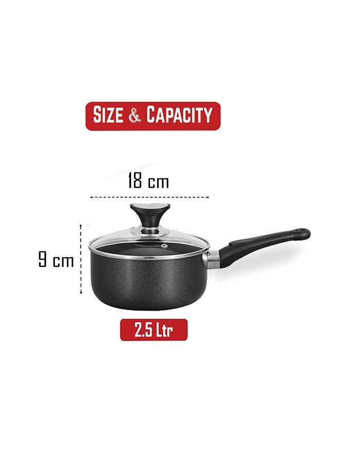 SONEX Non-Stick Royal Saucepan – 18 cm (2.5 Ltr) – Premium Aluminum Construction, Hard Enamel Exterior, Tempered Glass Lid with Heat-Resistant Bakelite Knob, Ergonomic Cool-Touch Handle, Durable, Easy to Clean & Dishwasher Safe