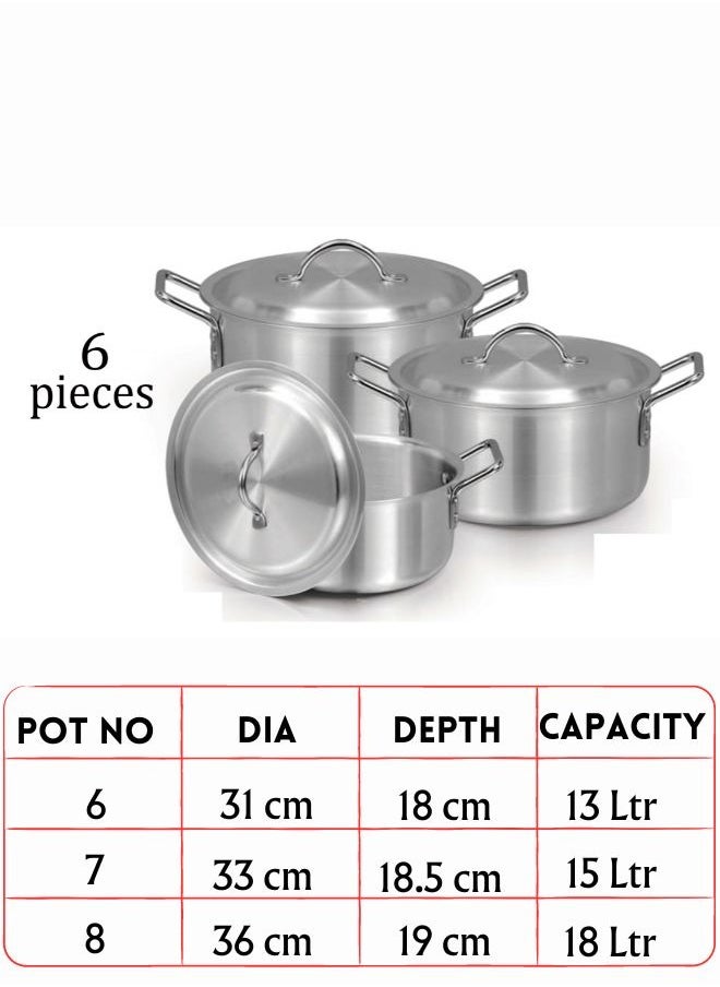 Sonex Saffron High Quality Aluminium Cookware Set 6x8, 3 POTS with S.S Lid, Metal Finish, 13/15/18 Ltr, Diameters 31/33/36 cm – Ultimate Durability and Superior Heat Distribution