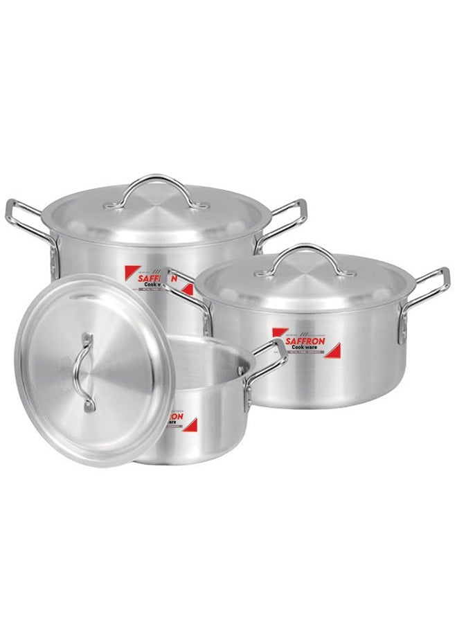 Sonex Saffron High Quality Aluminium Cookware Set 6x8, 3 POTS with S.S Lid, Metal Finish, 13/15/18 Ltr, Diameters 31/33/36 cm – Ultimate Durability and Superior Heat Distribution