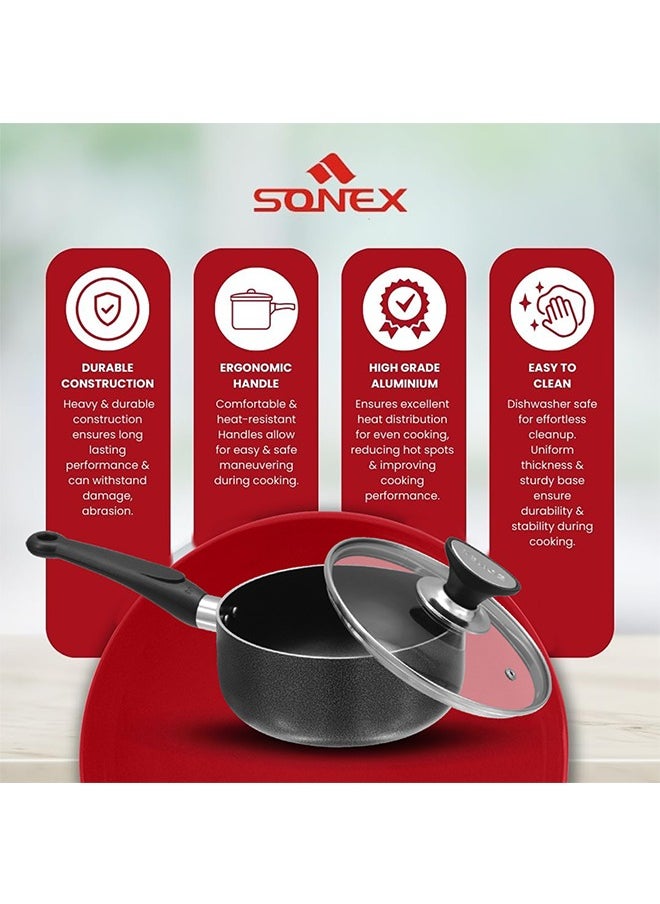SONEX Non-Stick Royal Saucepan – 20 cm (3.5 Ltr) – Premium Aluminum Construction, Hard Enamel Exterior, Tempered Glass Lid with Heat-Resistant Bakelite Knob, Ergonomic Cool-Touch Handle, Durable, Easy to Clean & Dishwasher Safe
