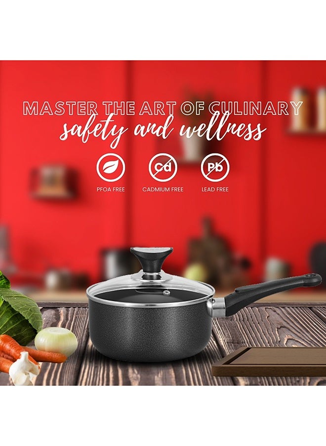 SONEX Non-Stick Royal Saucepan – 20 cm (3.5 Ltr) – Premium Aluminum Construction, Hard Enamel Exterior, Tempered Glass Lid with Heat-Resistant Bakelite Knob, Ergonomic Cool-Touch Handle, Durable, Easy to Clean & Dishwasher Safe