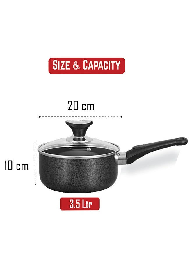 SONEX Non-Stick Royal Saucepan – 20 cm (3.5 Ltr) – Premium Aluminum Construction, Hard Enamel Exterior, Tempered Glass Lid with Heat-Resistant Bakelite Knob, Ergonomic Cool-Touch Handle, Durable, Easy to Clean & Dishwasher Safe