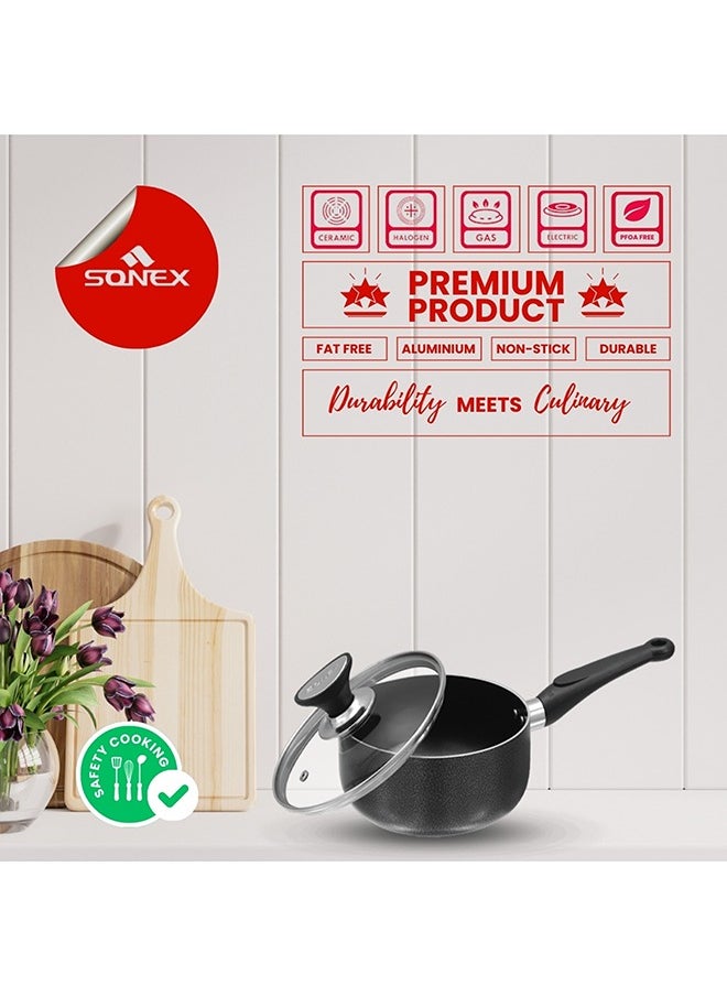 SONEX Non-Stick Royal Saucepan – 20 cm (3.5 Ltr) – Premium Aluminum Construction, Hard Enamel Exterior, Tempered Glass Lid with Heat-Resistant Bakelite Knob, Ergonomic Cool-Touch Handle, Durable, Easy to Clean & Dishwasher Safe