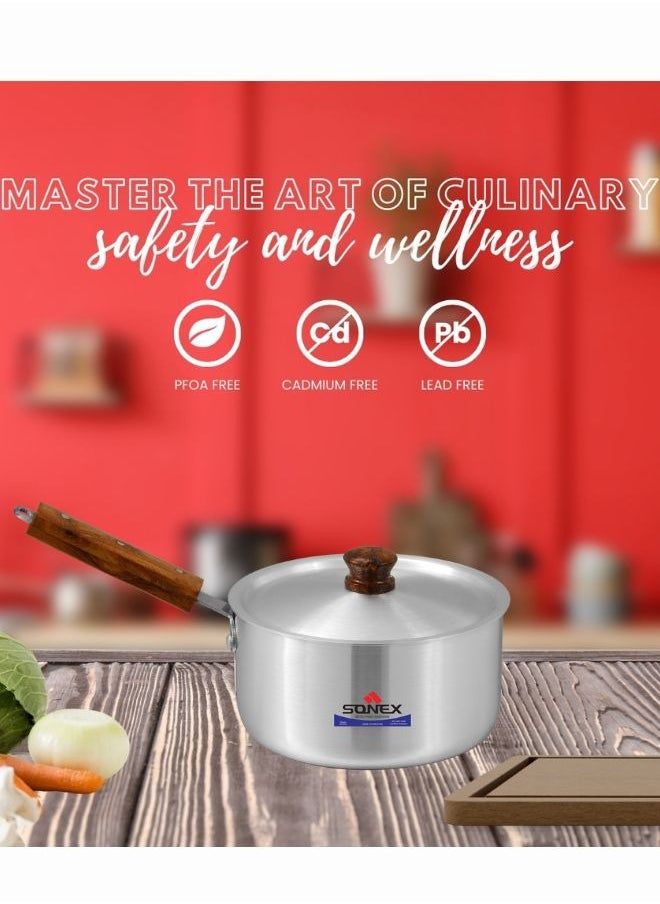 Sonex 3-Piece Sauce Pot Set with Wooden Handles, High-Quality Aluminum, Durable Metal Finish, Ideal for Sauces, Soups, and Stews, Sizes 16/18.5/21 cm, Capacities 2/2.5/3 Liters