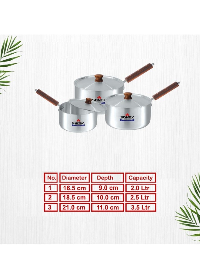 Sonex 3-Piece Sauce Pot Set with Wooden Handles, High-Quality Aluminum, Durable Metal Finish, Ideal for Sauces, Soups, and Stews, Sizes 16/18.5/21 cm, Capacities 2/2.5/3 Liters