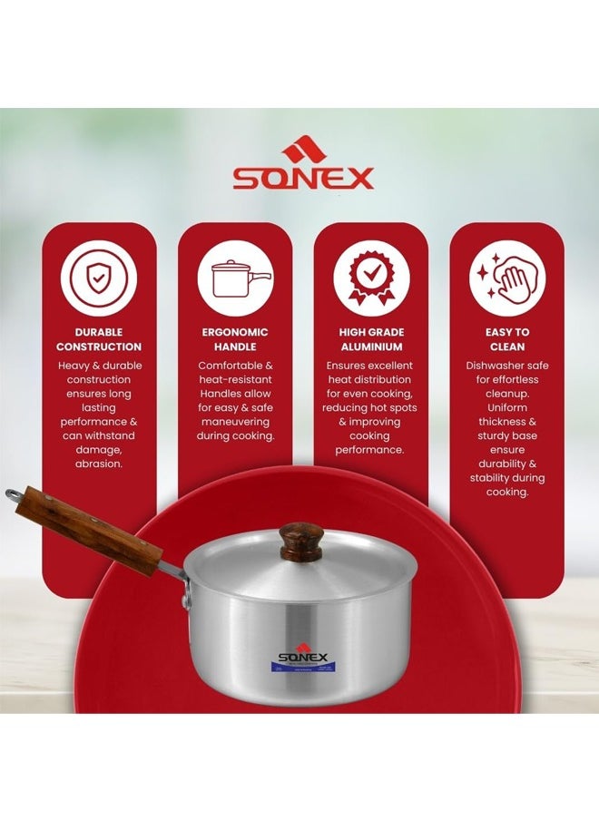 Sonex 3-Piece Sauce Pot Set with Wooden Handles, High-Quality Aluminum, Durable Metal Finish, Ideal for Sauces, Soups, and Stews, Sizes 16/18.5/21 cm, Capacities 2/2.5/3 Liters